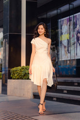Asymmetric One-Shoulder Silk Dress with Draped Skirt and Fluid Handkerchief Hemline